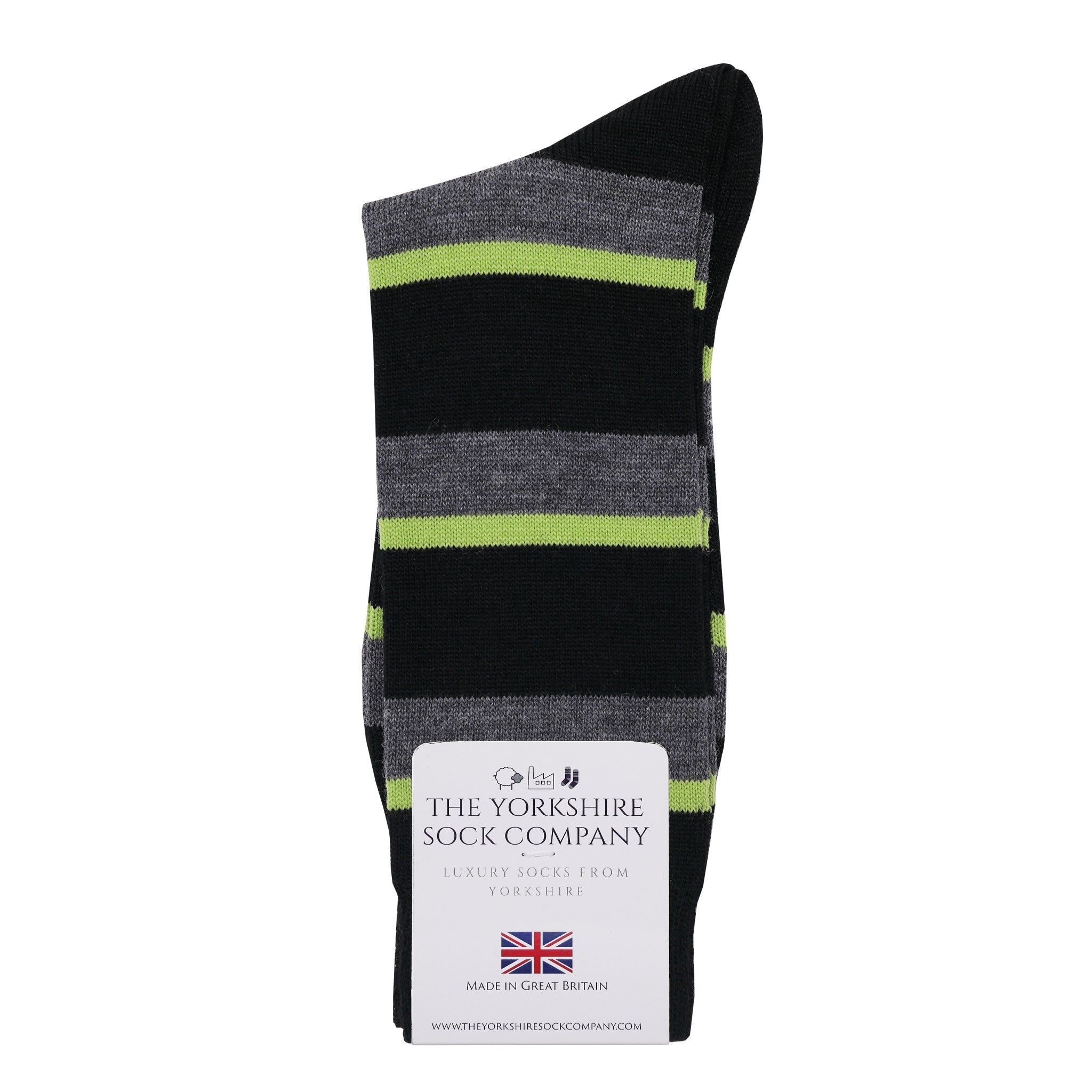 Harlow Luxury Merino Wool Socks Black Grey Lime Stripe The